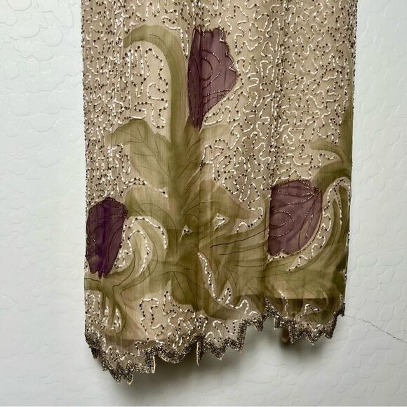 Lawrence Kazar Beaded Silk Dress Ivory Lavender Floral Scallop Short Sleeve 8 P - Picture 7 of 15